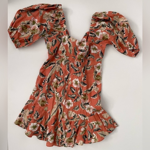 Kivari Bonny Tie Bust Mini Dress Tropical Print Linen puff sleeve US 10 - Picture 12 of 14